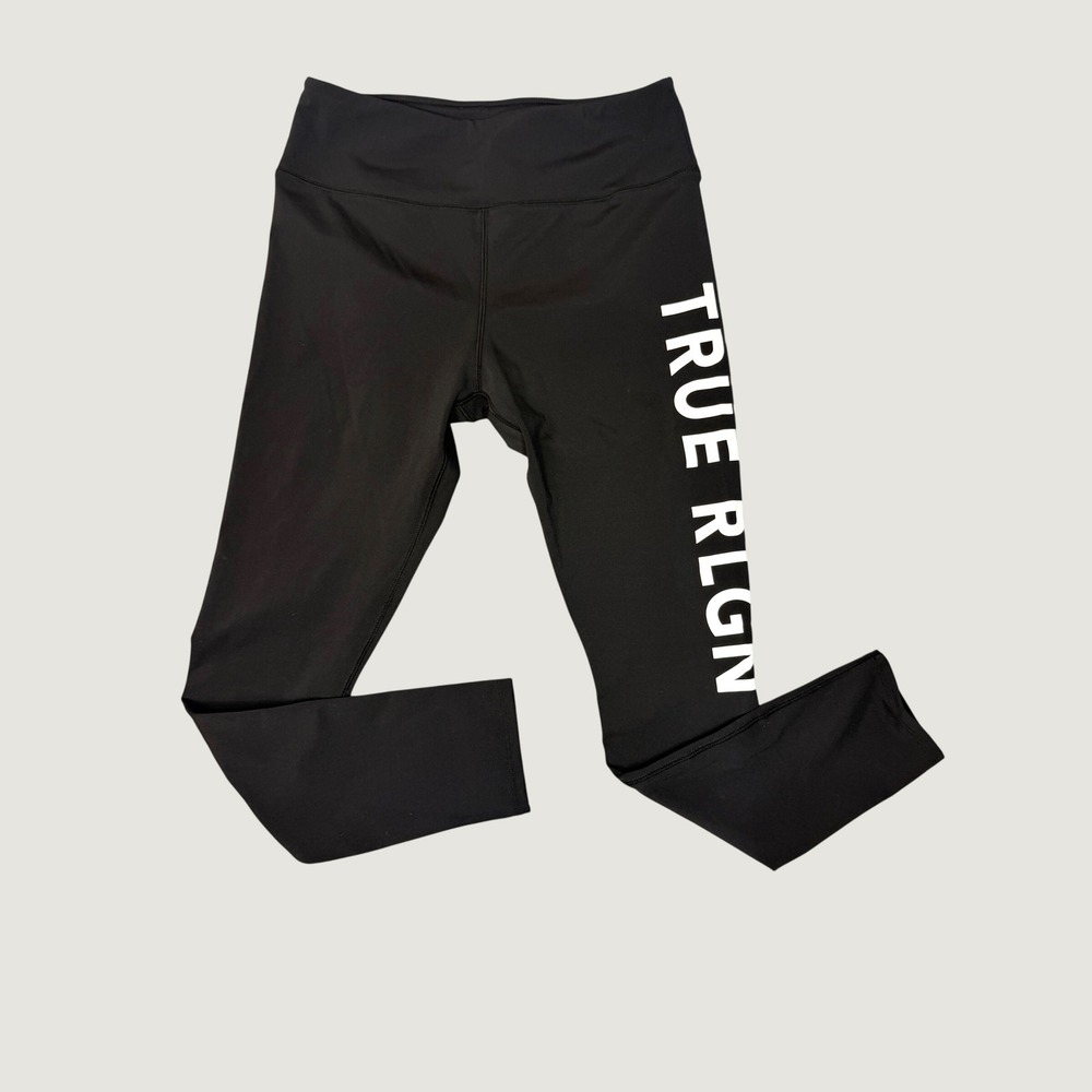 True Religion Leggings Womens Medium Black Spellout Logo High Waisted Activewear